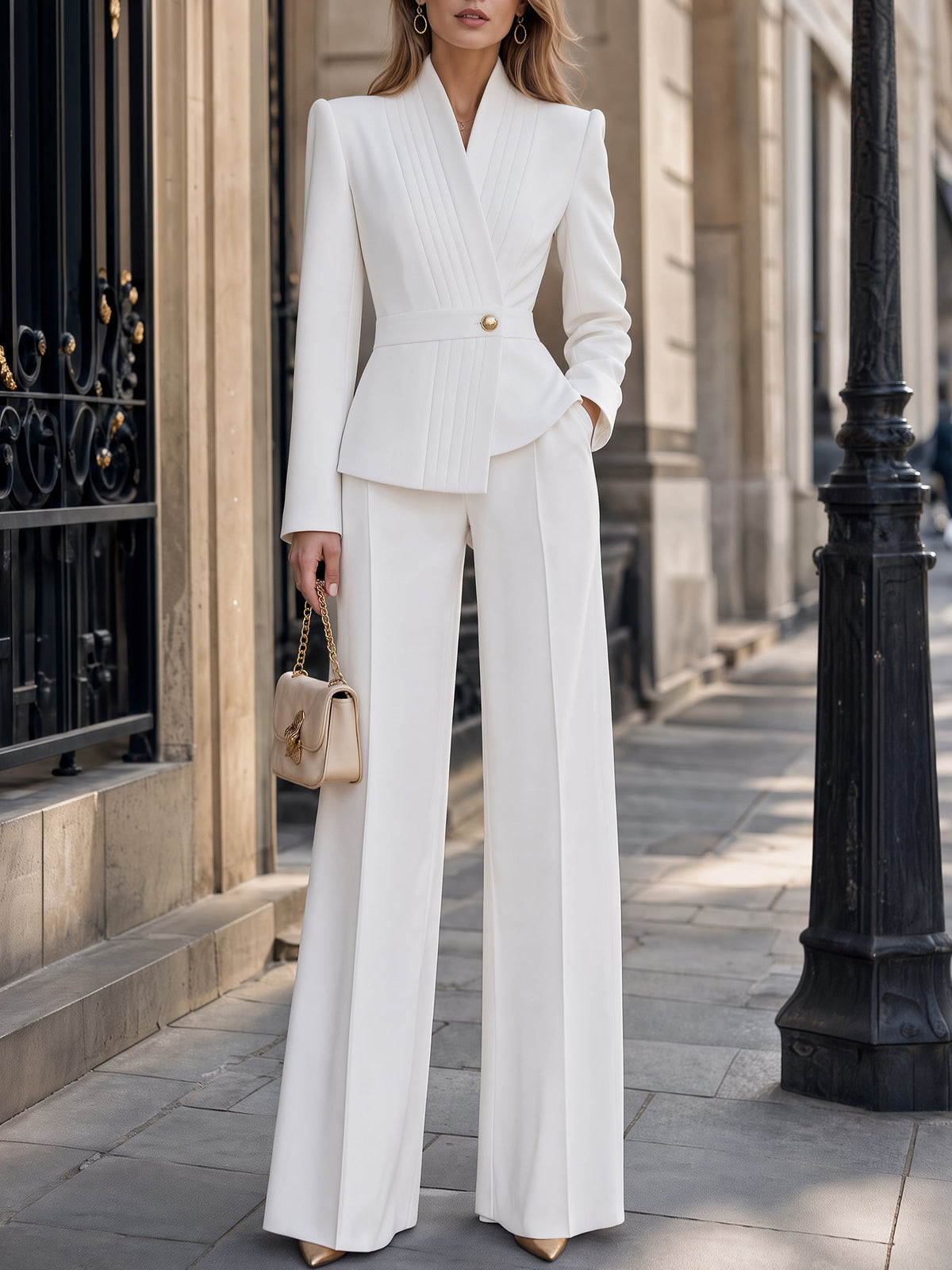 Pleated Lapel Single-Button Peplum Blazer & Wide-Leg Pants Tailored Set
