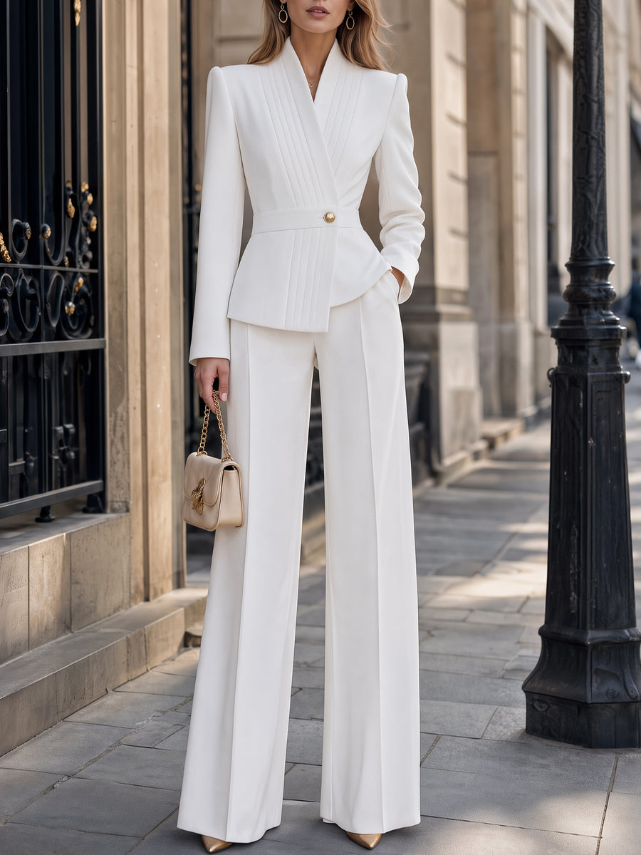 Pleated Lapel Single-Button Peplum Blazer & Wide-Leg Pants Tailored Set