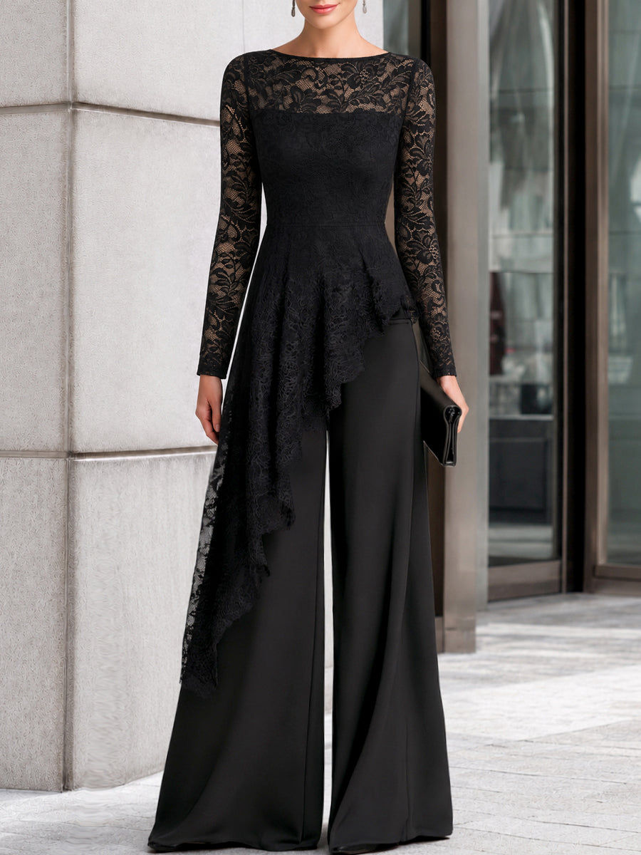 Lace Overlay Asymmetric Wide-Leg Jumpsuit