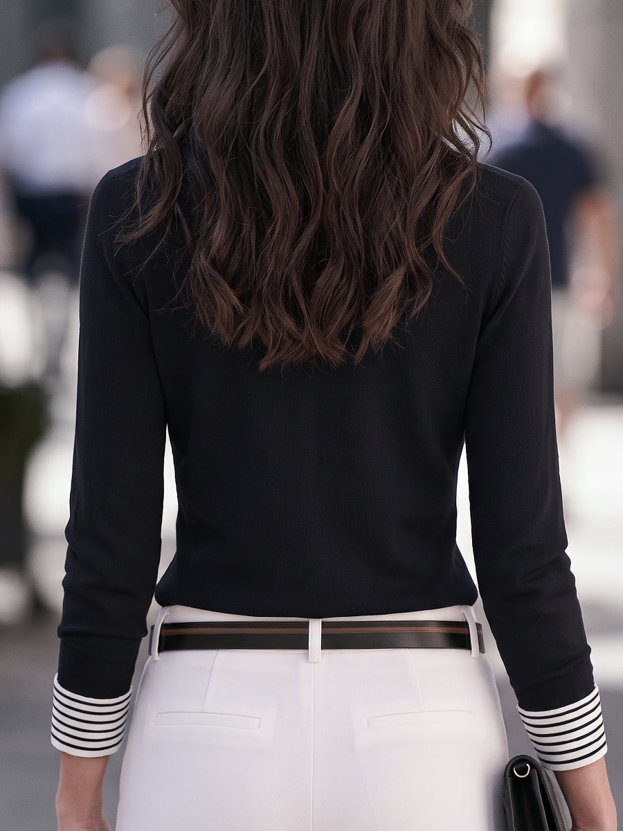 Striped Collar Layered-Look Knit Top Blouse