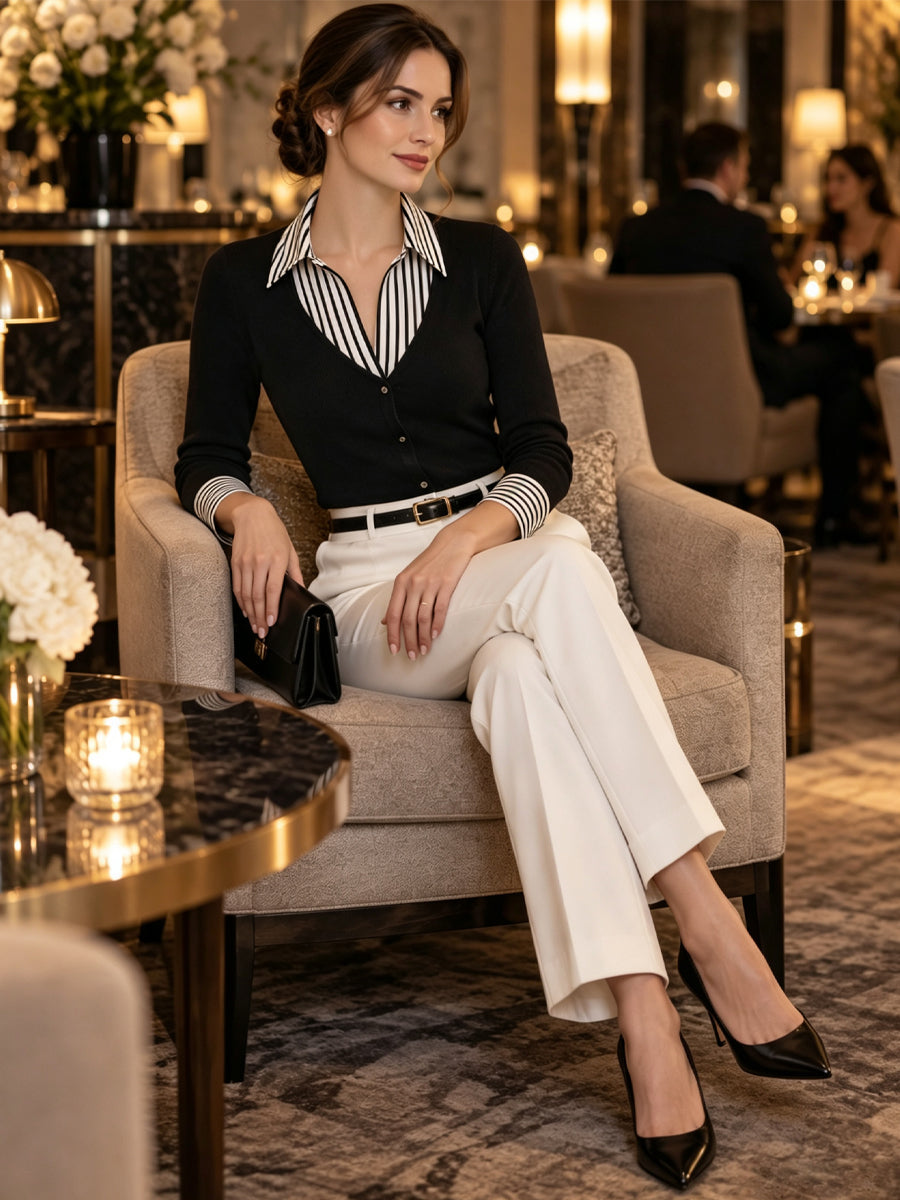 Striped Collar Layered-Look Knit Top Blouse