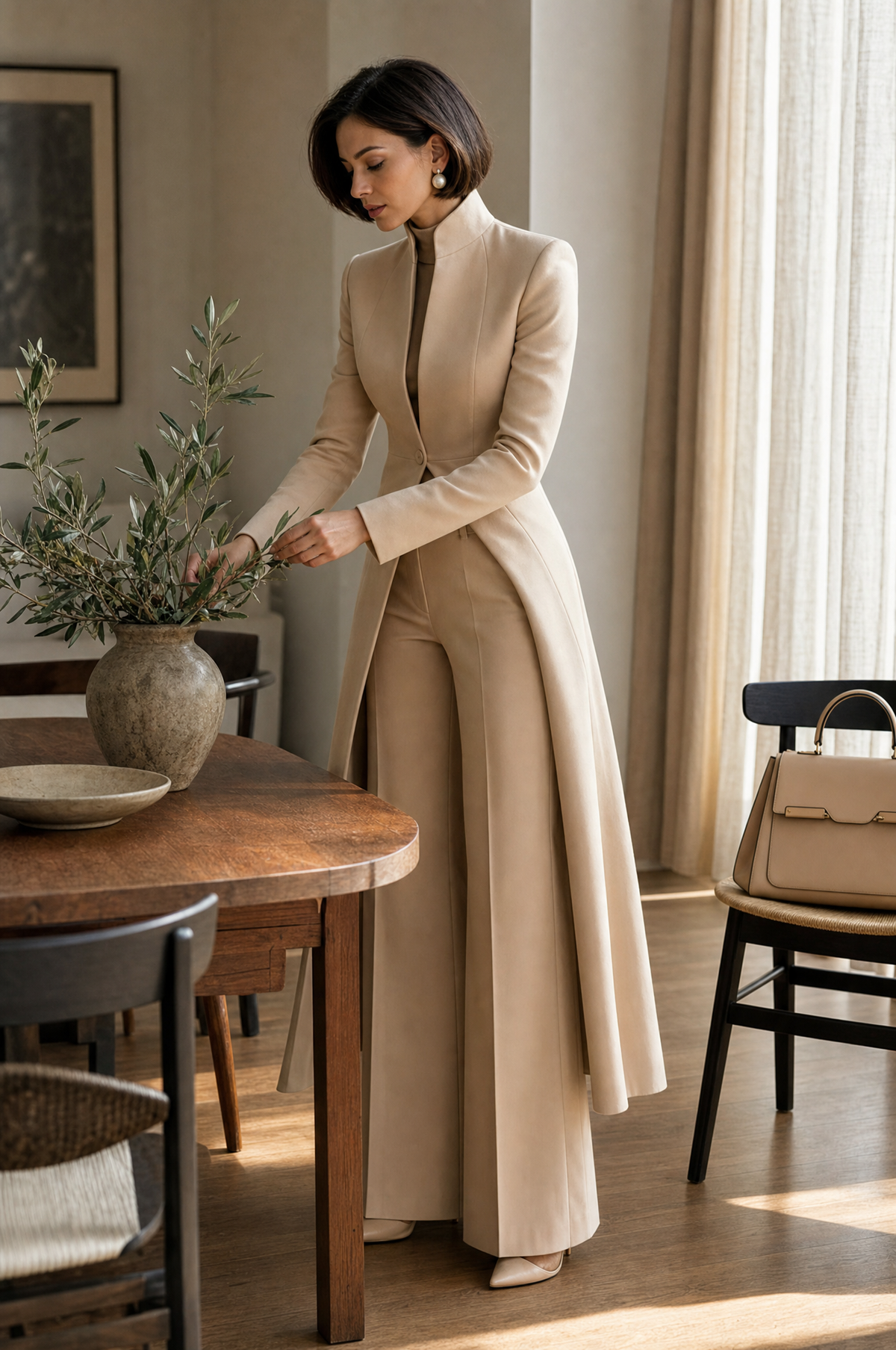 Tand Collar Long Tailored Coat & High Waist Flare Pants Two-Piece Suit