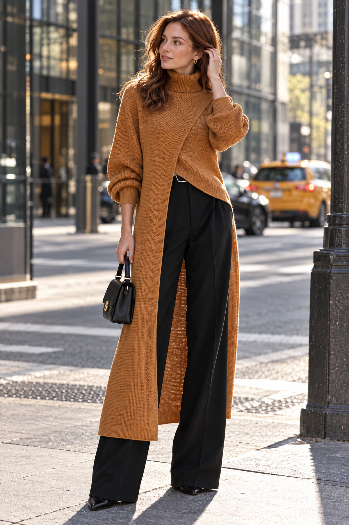 Asymmetrical Layered High-Neck Long Knit Top
