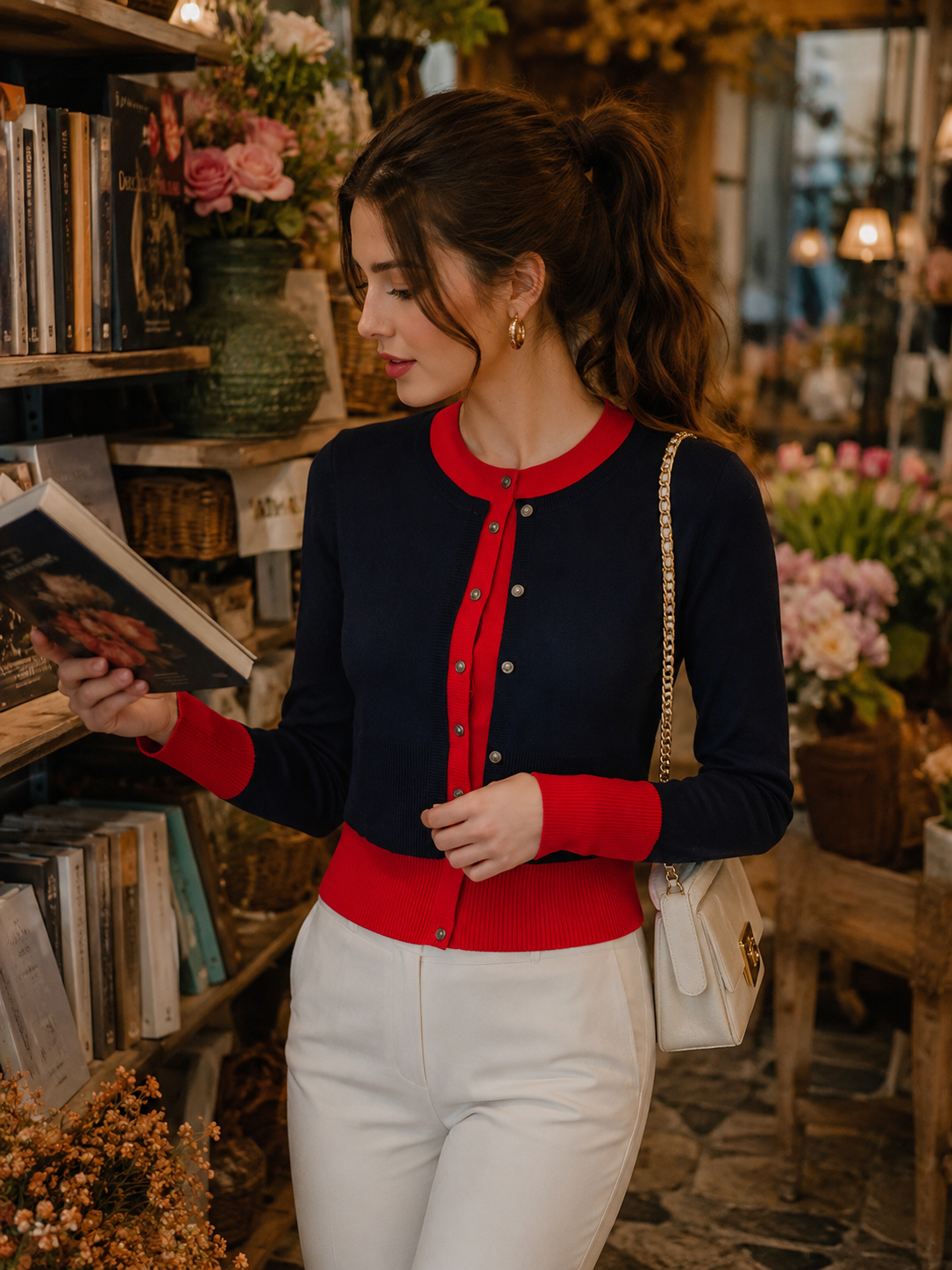 Color-Blocked Layered Button-Down Knit Cardigan