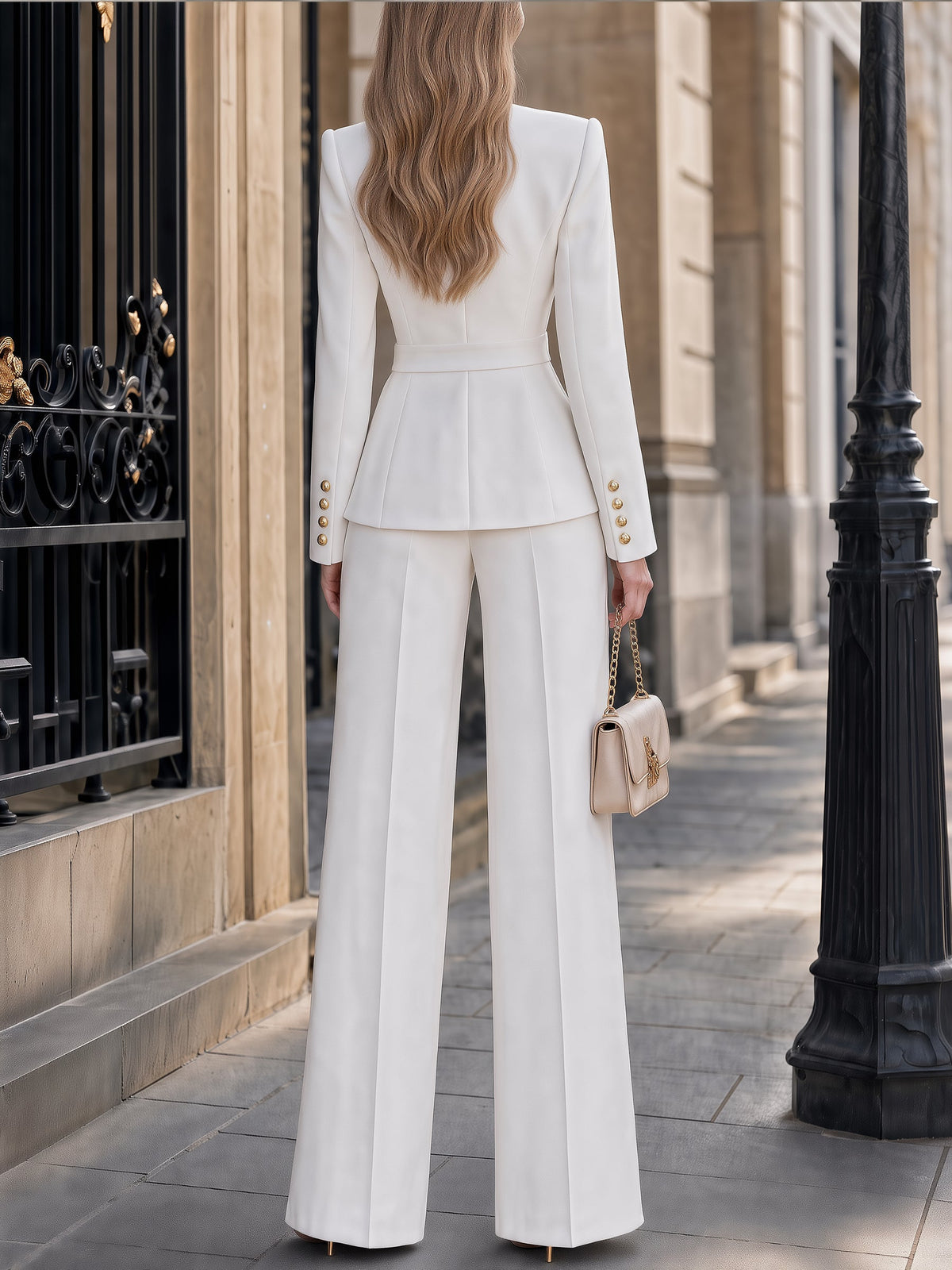 Pleated Lapel Single-Button Peplum Blazer & Wide-Leg Pants Tailored Set