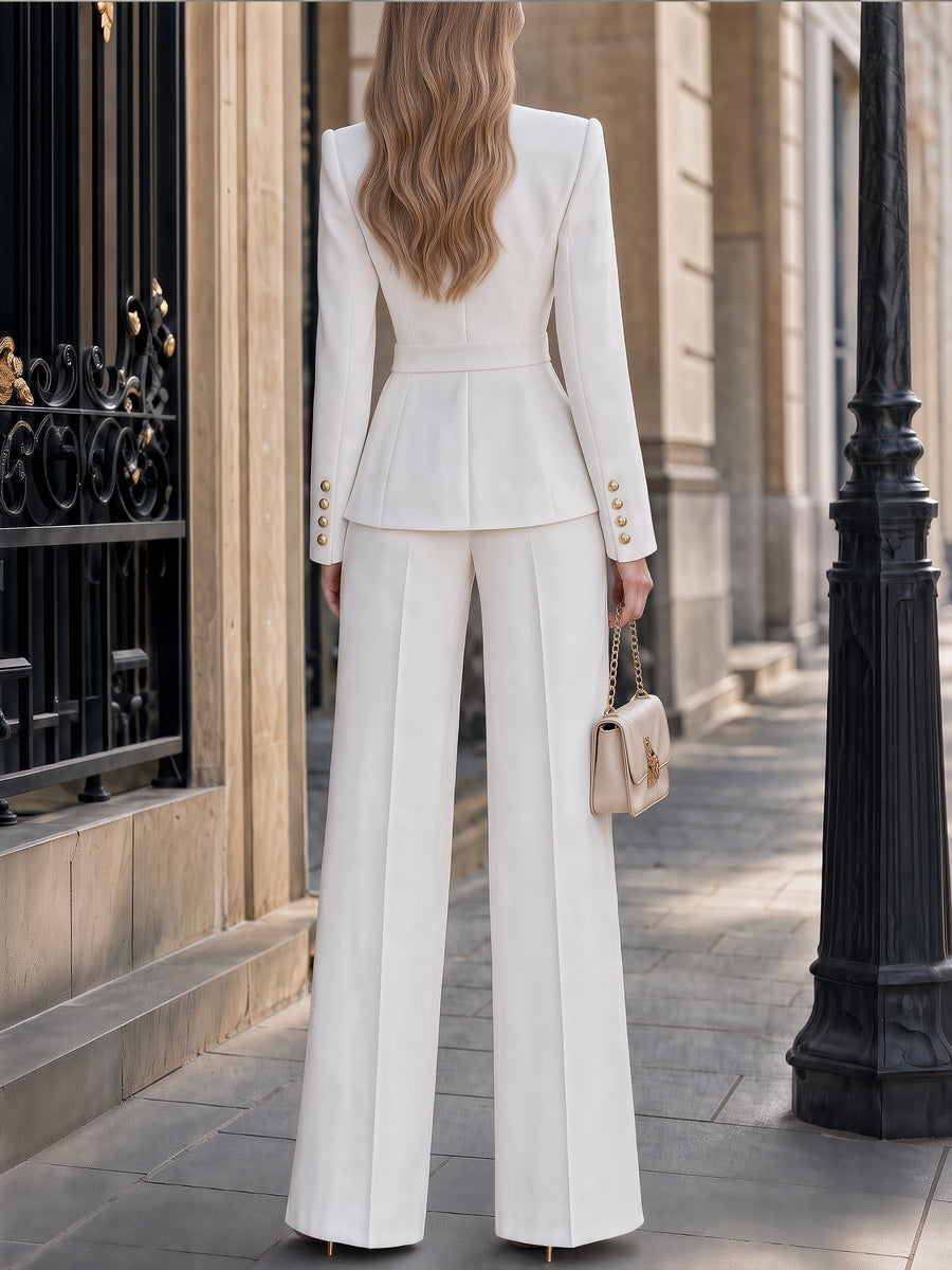 Pleated Lapel Single-Button Peplum Blazer & Wide-Leg Pants Tailored Set