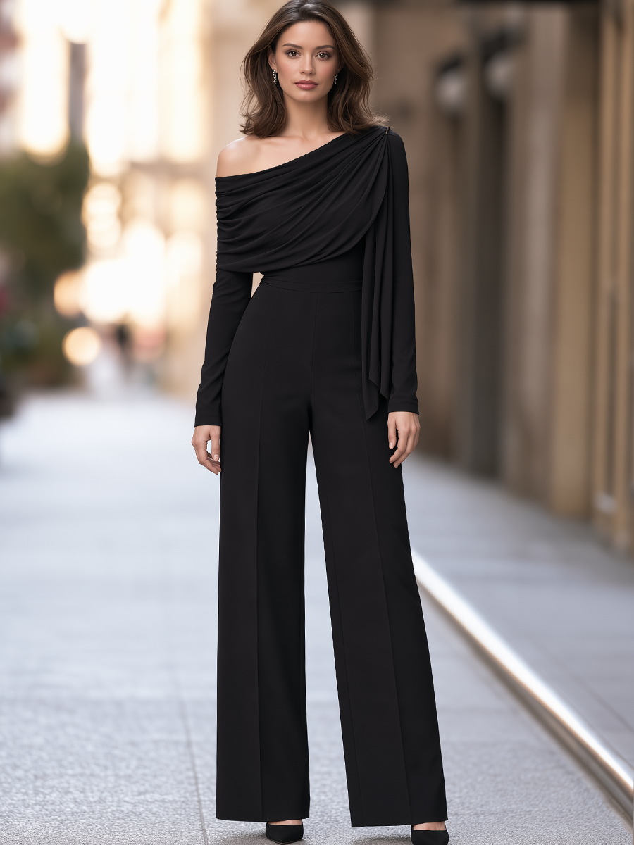 One-Shoulder Draped Wide Leg Jumpsuit