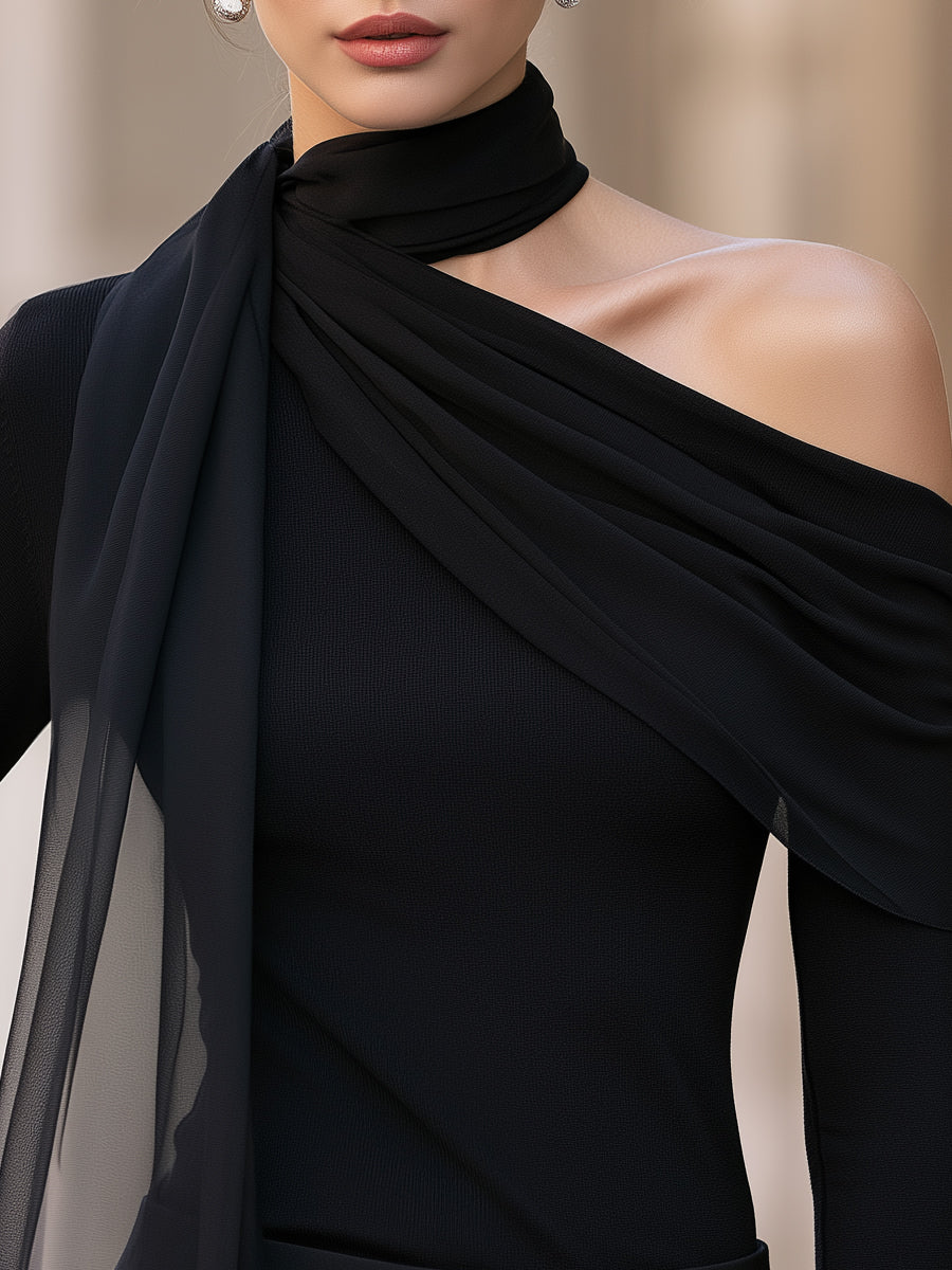 Asymmetric Scarf-Draped Long-Sleeve Top