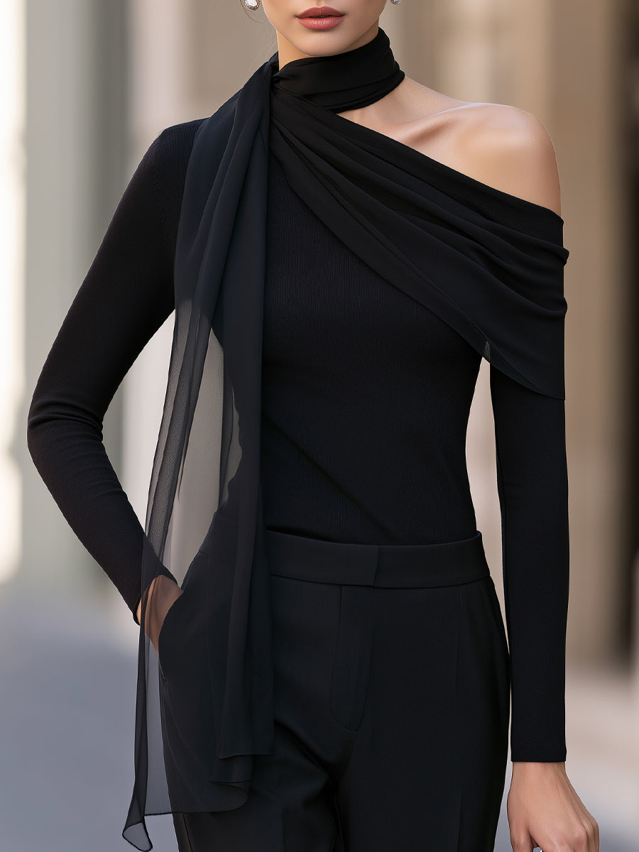 Asymmetric Scarf-Draped Long-Sleeve Top
