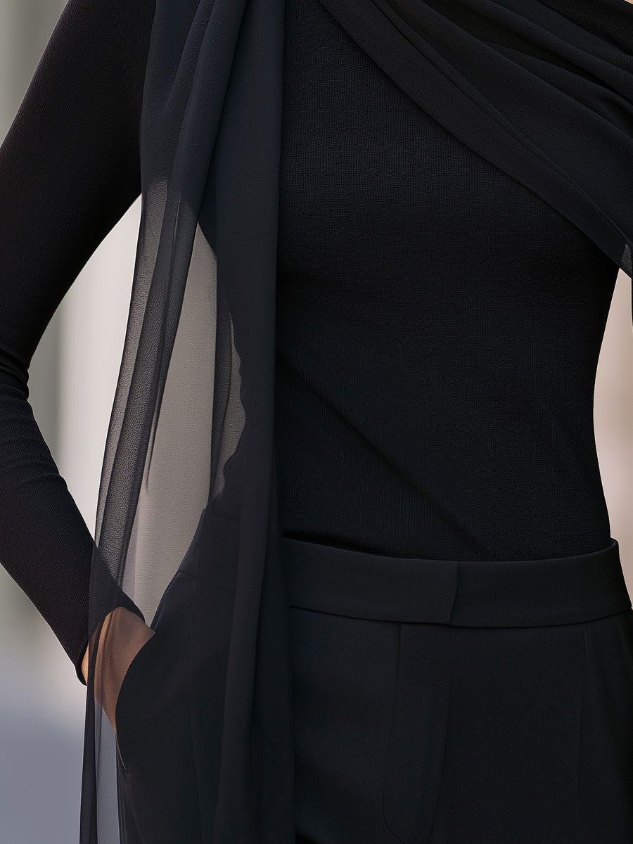 Asymmetric Scarf-Draped Long-Sleeve Top