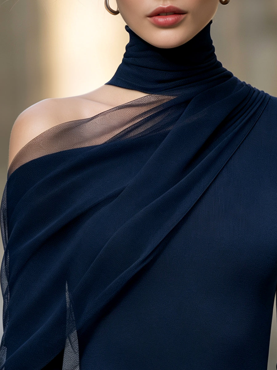 Asymmetric Sheer Mesh Draped High-Neck Top