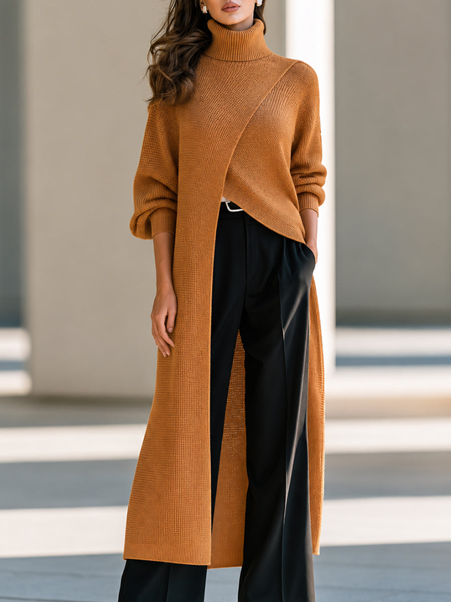 Asymmetrical Layered High-Neck Long Knit Top