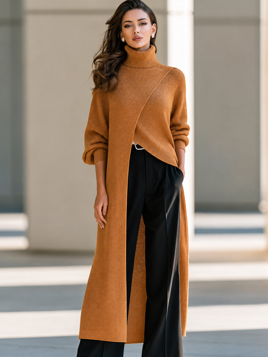 Asymmetrical Layered High-Neck Long Knit Top