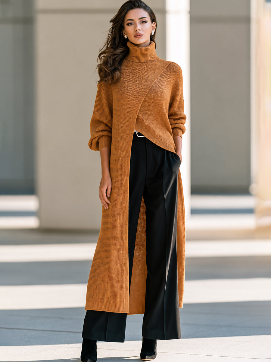 Asymmetrical Layered High-Neck Long Knit Top