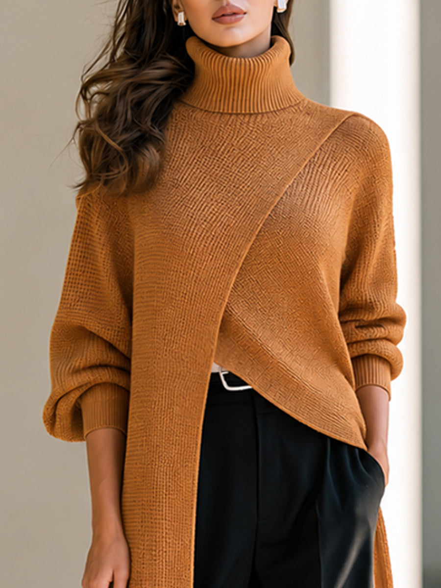 Asymmetrical Layered High-Neck Long Knit Top