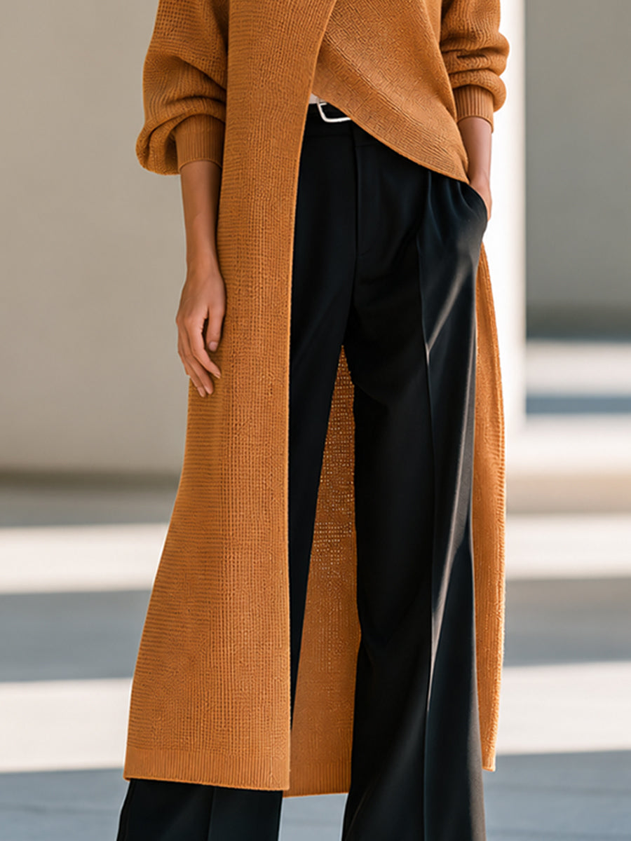 Asymmetrical Layered High-Neck Long Knit Top