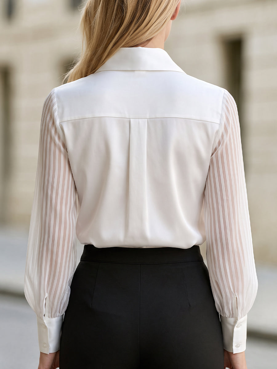 Point‑Collared Satin Blouse With Sheer Striped Lantern Sleeves