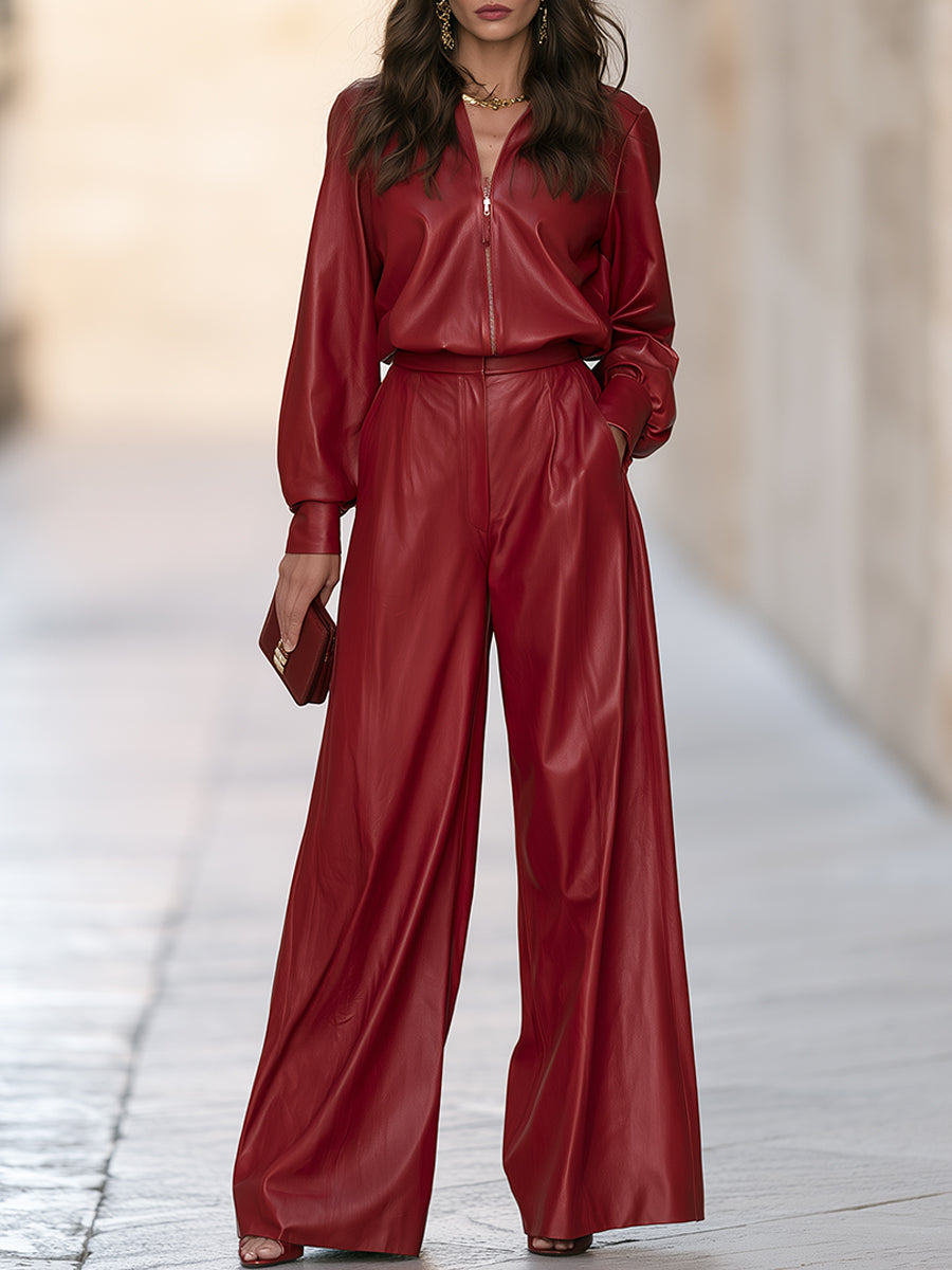 Women's Faux Leather Zip-Up Blouse and Wide Leg Pants Two-Piece Set