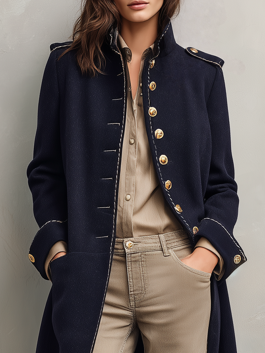 Classic Navy Military Button Long Coat