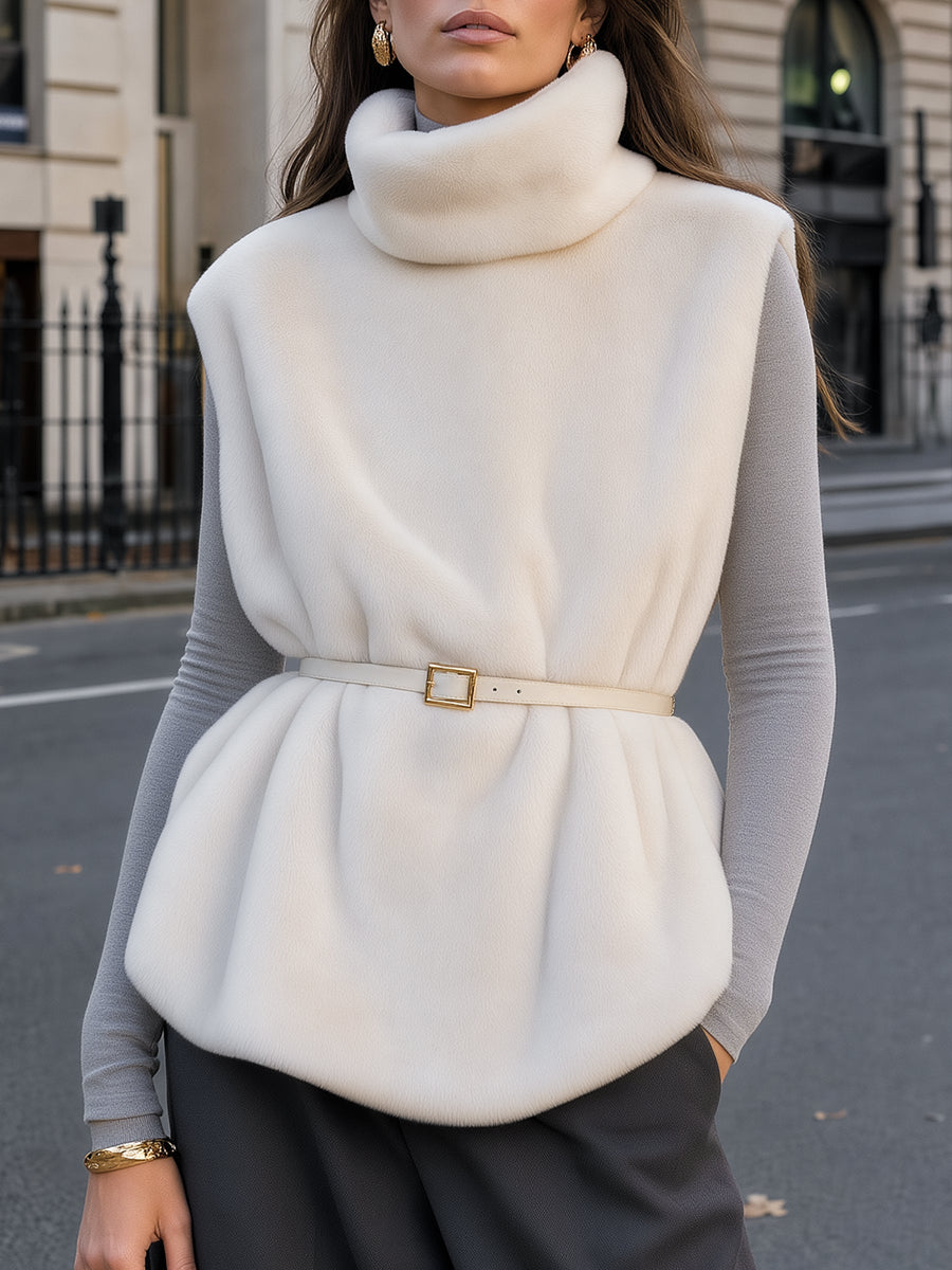 Cowl Neck Belted Faux Fur Vest