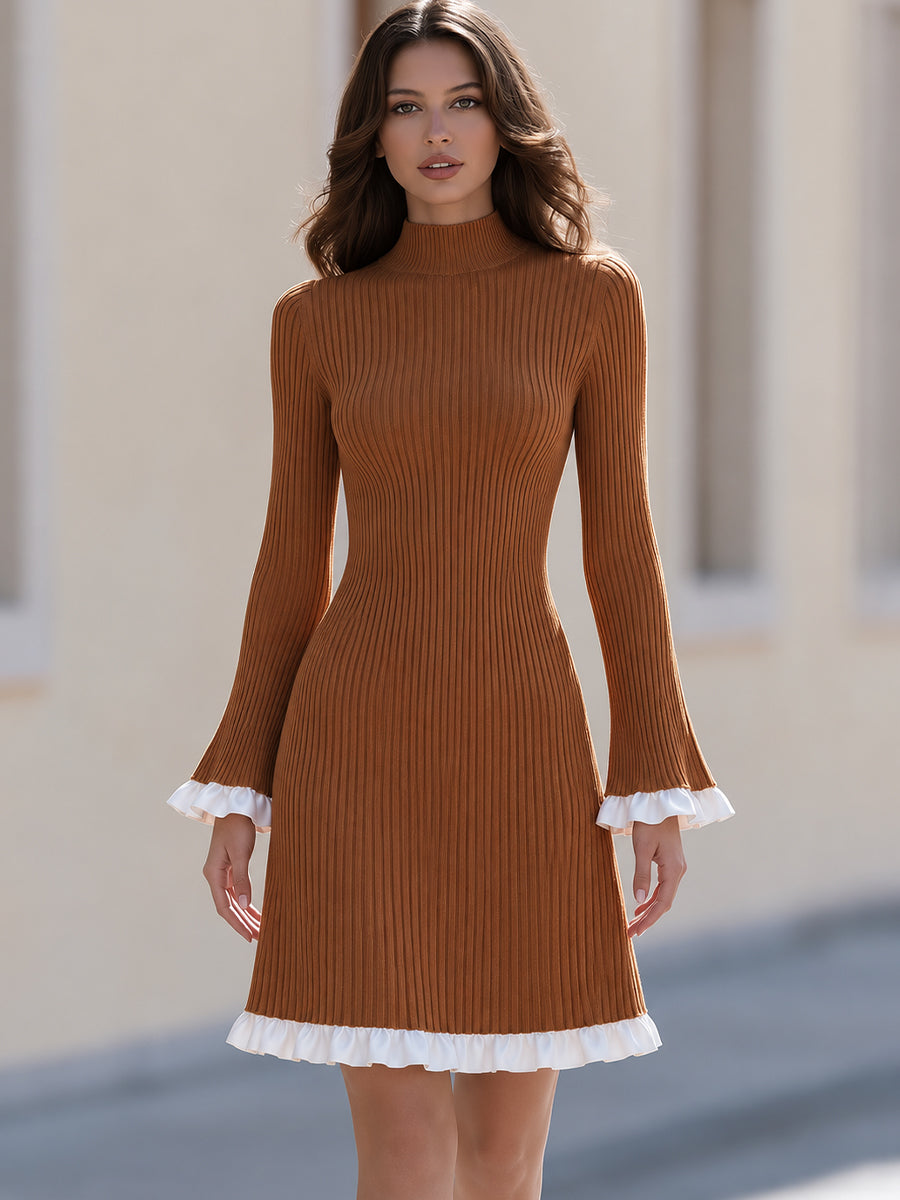 Mock Neck Long Flare Sleeve Contrast Ruffle Hem Ribbed Knit Midi Dress