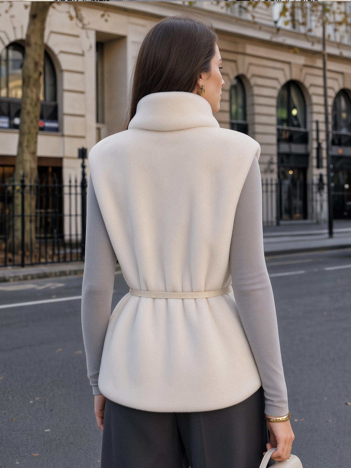Cowl Neck Belted Faux Fur Vest