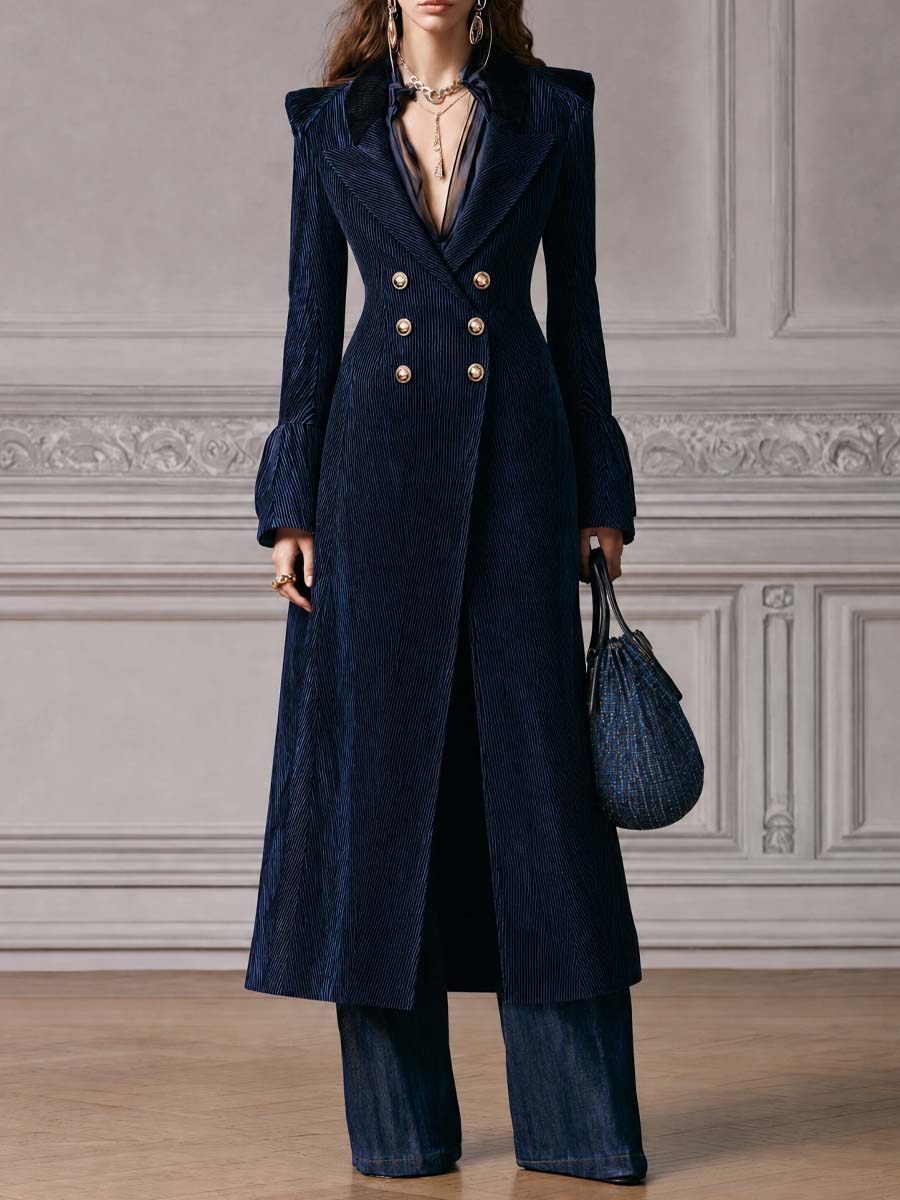 Vintage Navy Corduroy Double-Breasted Long Coat with Gold Buttons