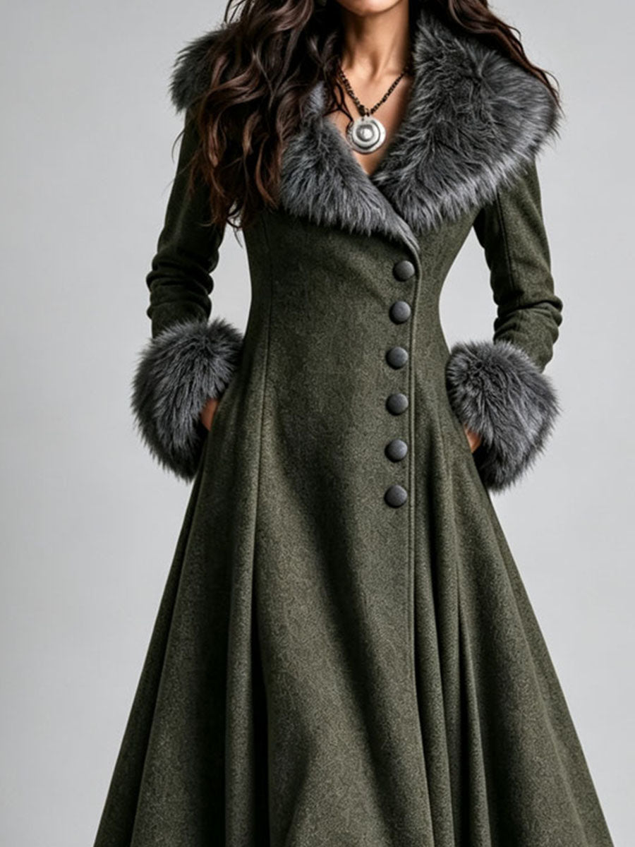 Boho Western Fur Trim Wool Fitted Waist Flare Skirt Long Dress Coat