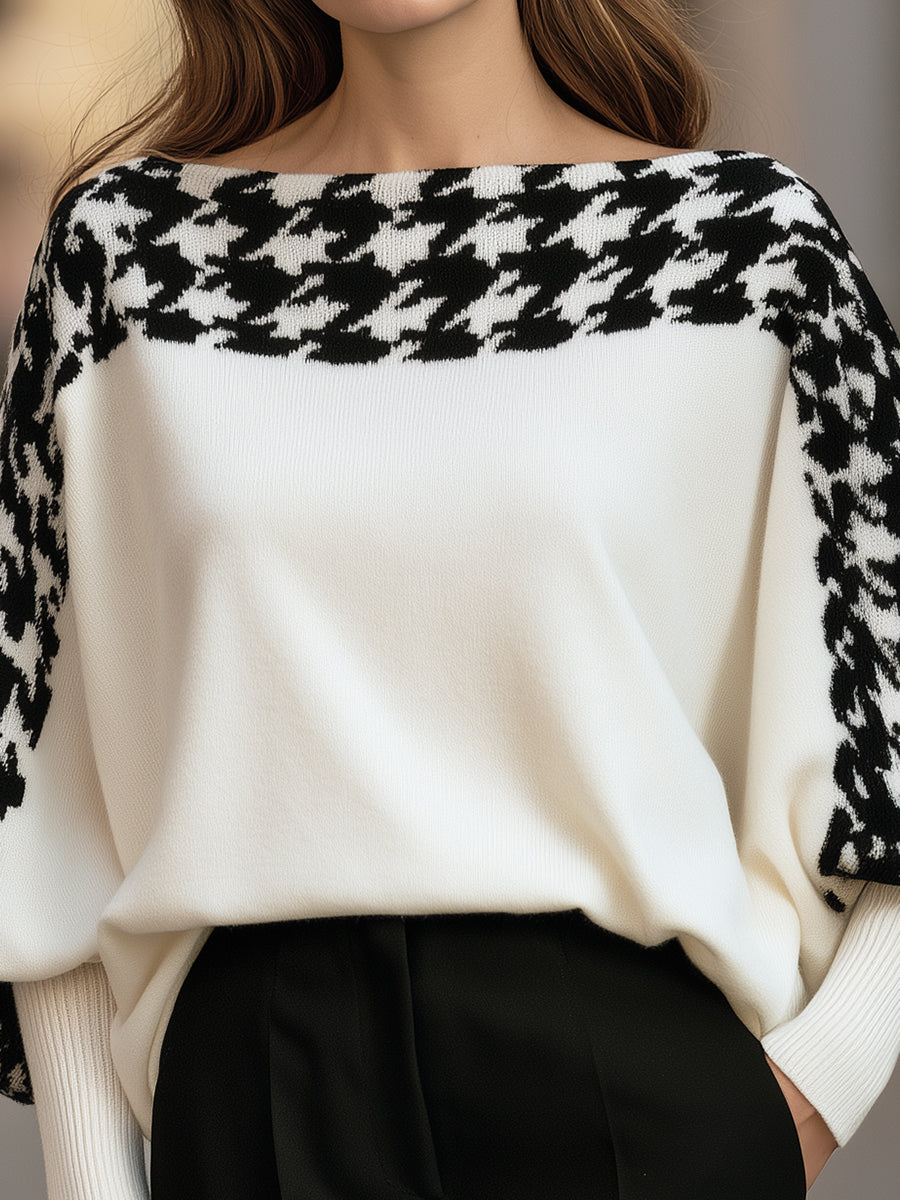 Houndstooth Batwing Knit Sweater