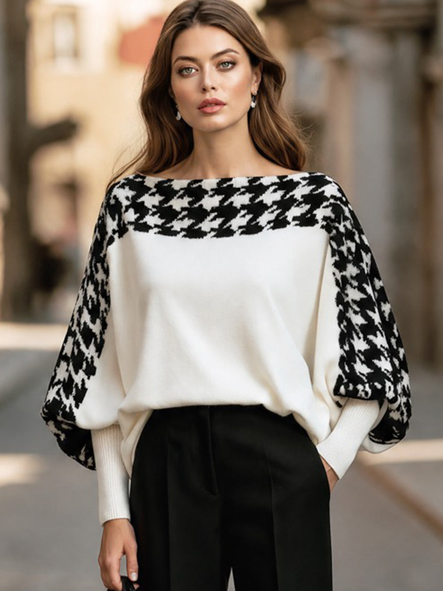 Houndstooth Batwing Knit Sweater