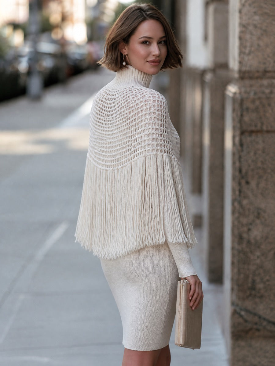 Turtleneck Openwork Fringe Cape And Knit Dress Set