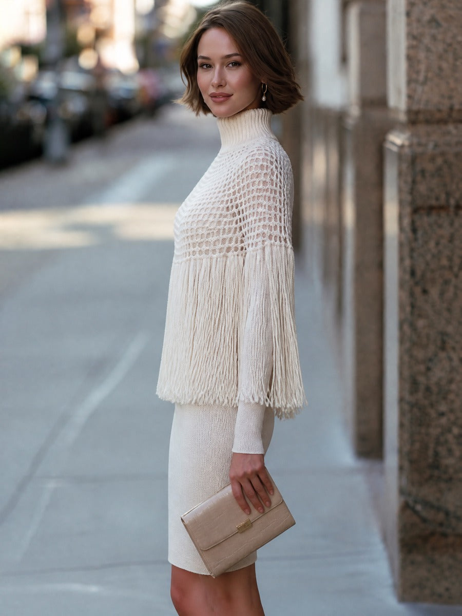 Turtleneck Openwork Fringe Cape And Knit Dress Set