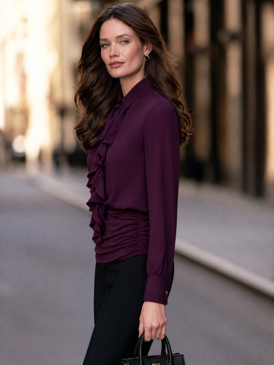 Women's Ruffle Front Long Sleeve Blouse with Ruched Waist