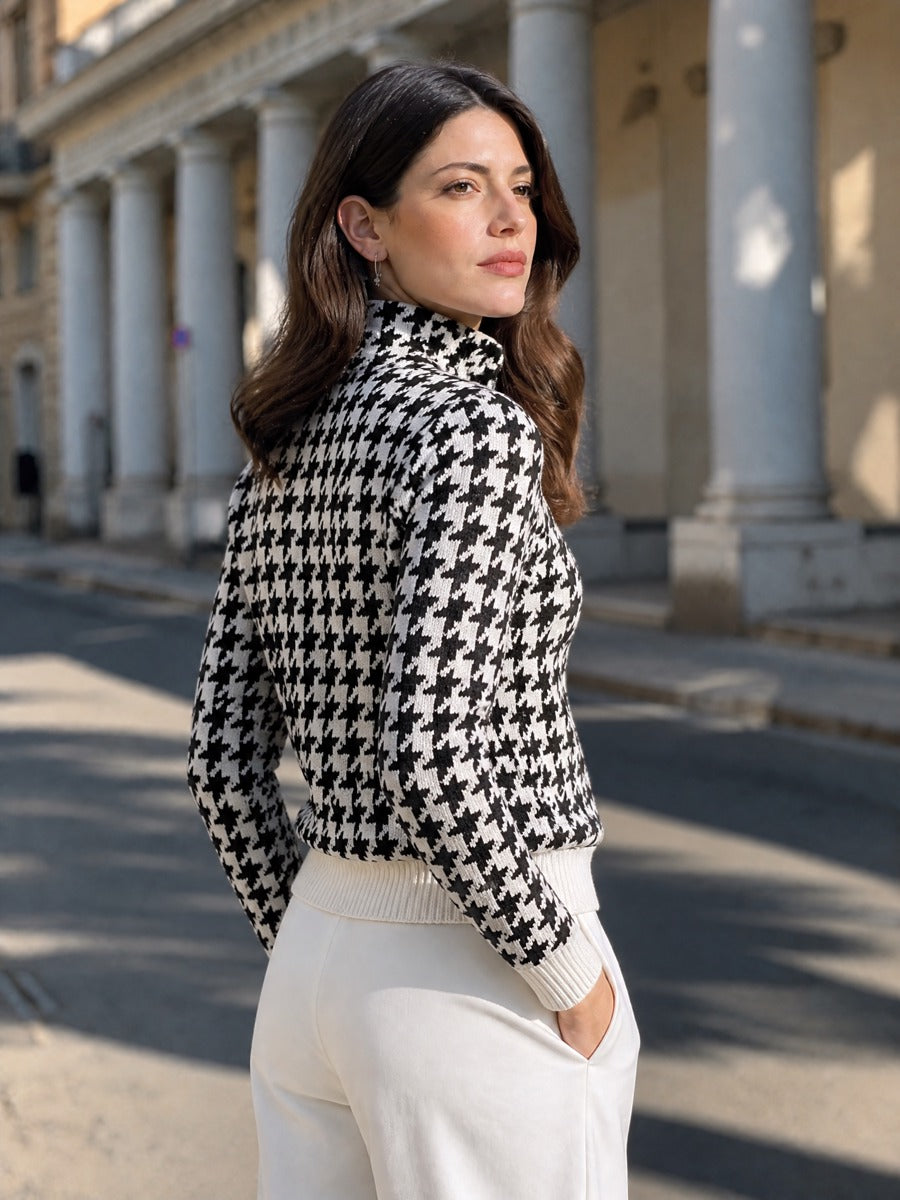 Houndstooth Stand Collar Zip-Up Long Sleeve Knit Jacket
