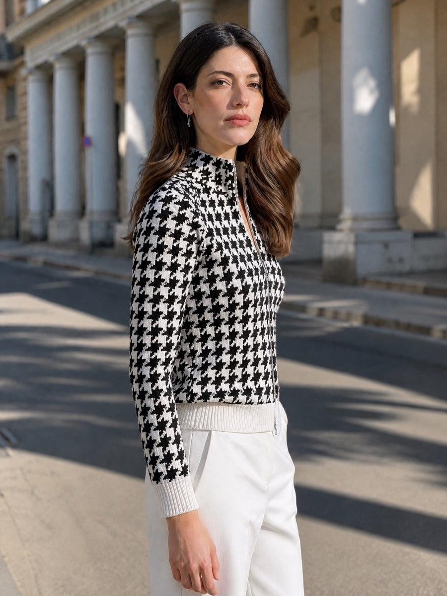 Houndstooth Stand Collar Zip-Up Long Sleeve Knit Jacket