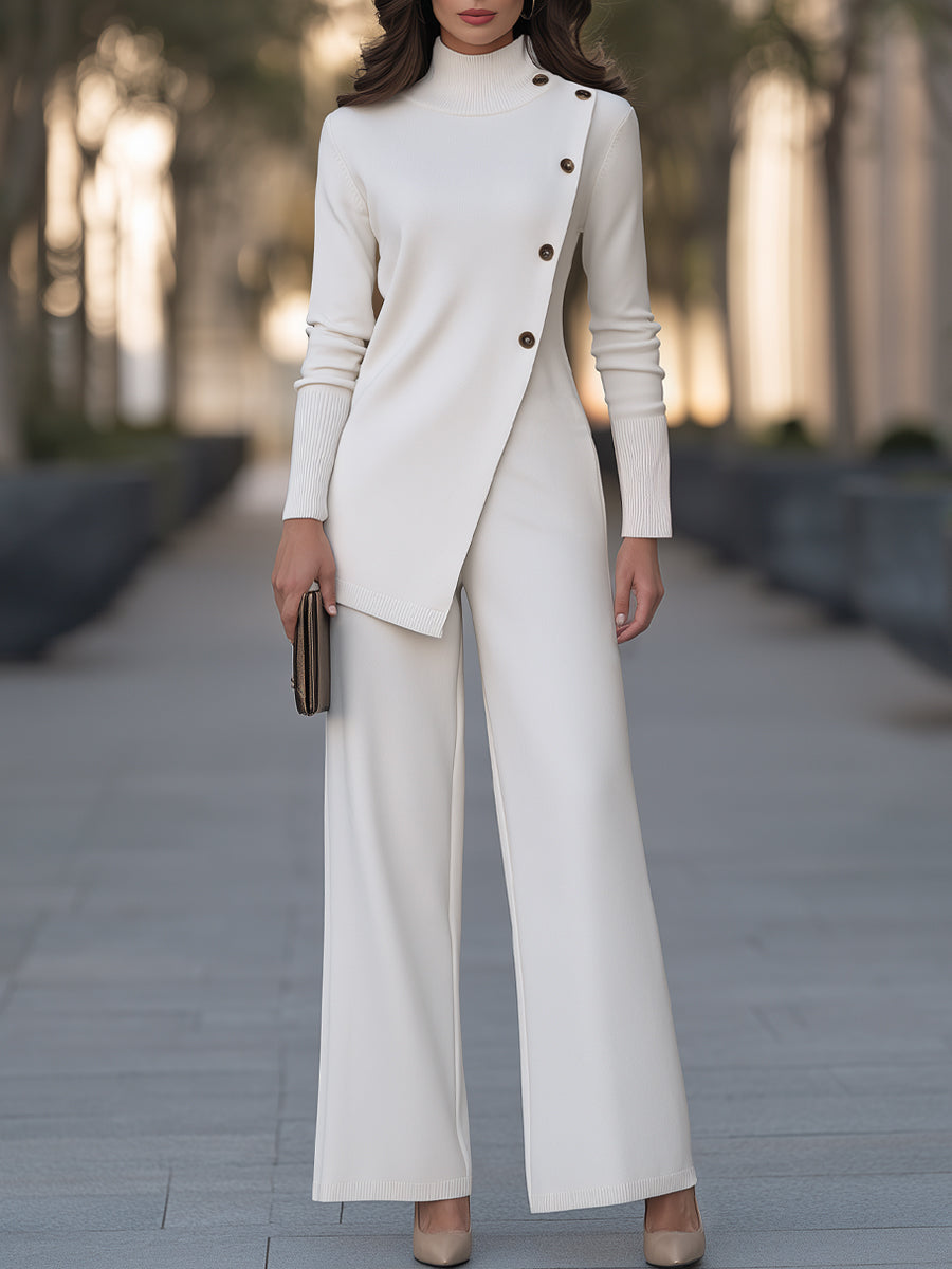 Asymmetric Button Turtleneck Knit Wide Leg Jumpsuit