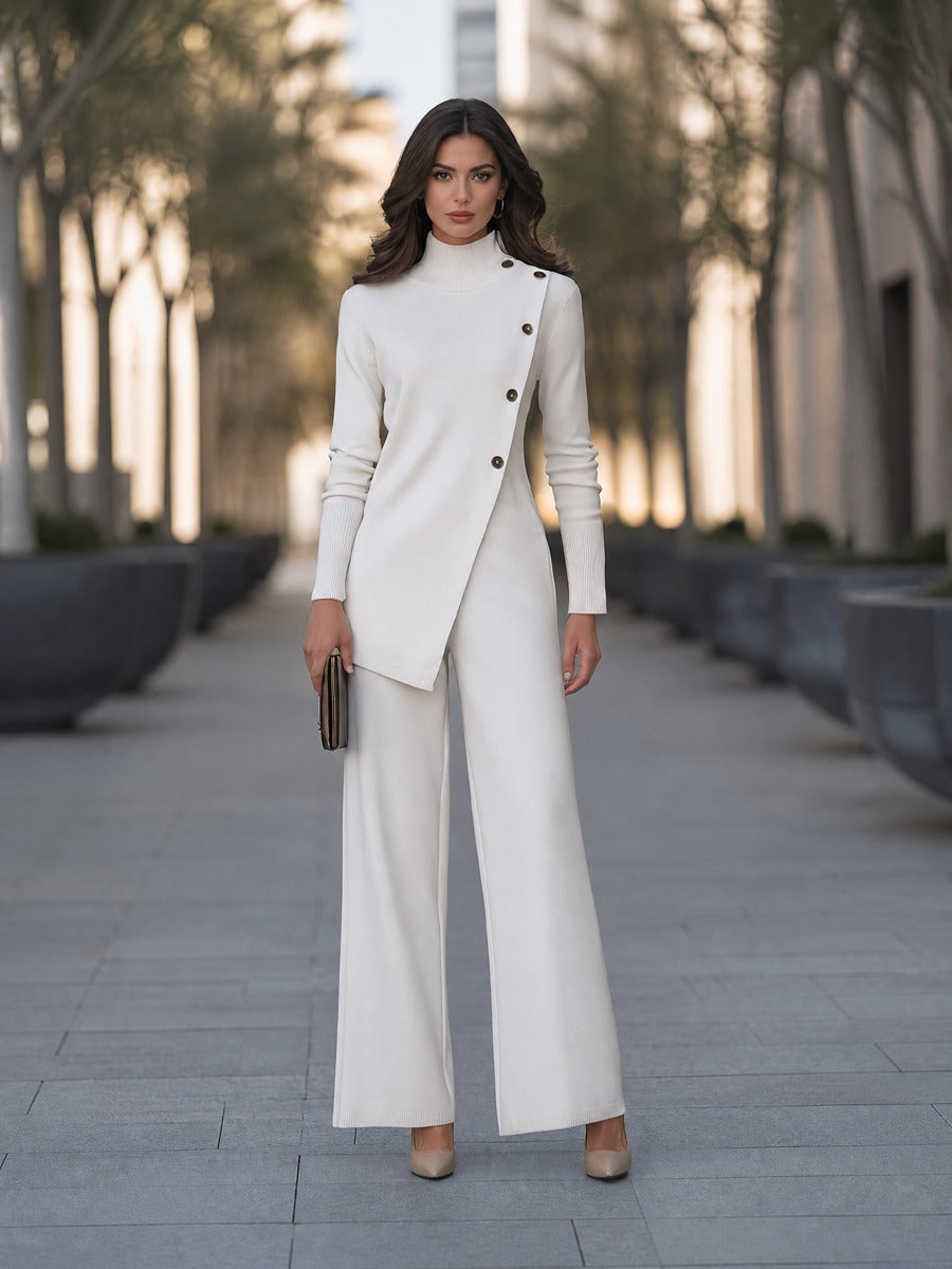 Asymmetric Button Turtleneck Knit Wide Leg Jumpsuit