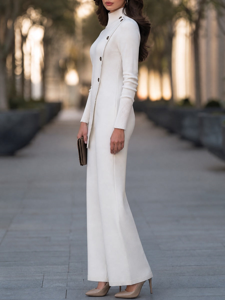 Asymmetric Button Turtleneck Knit Wide Leg Jumpsuit