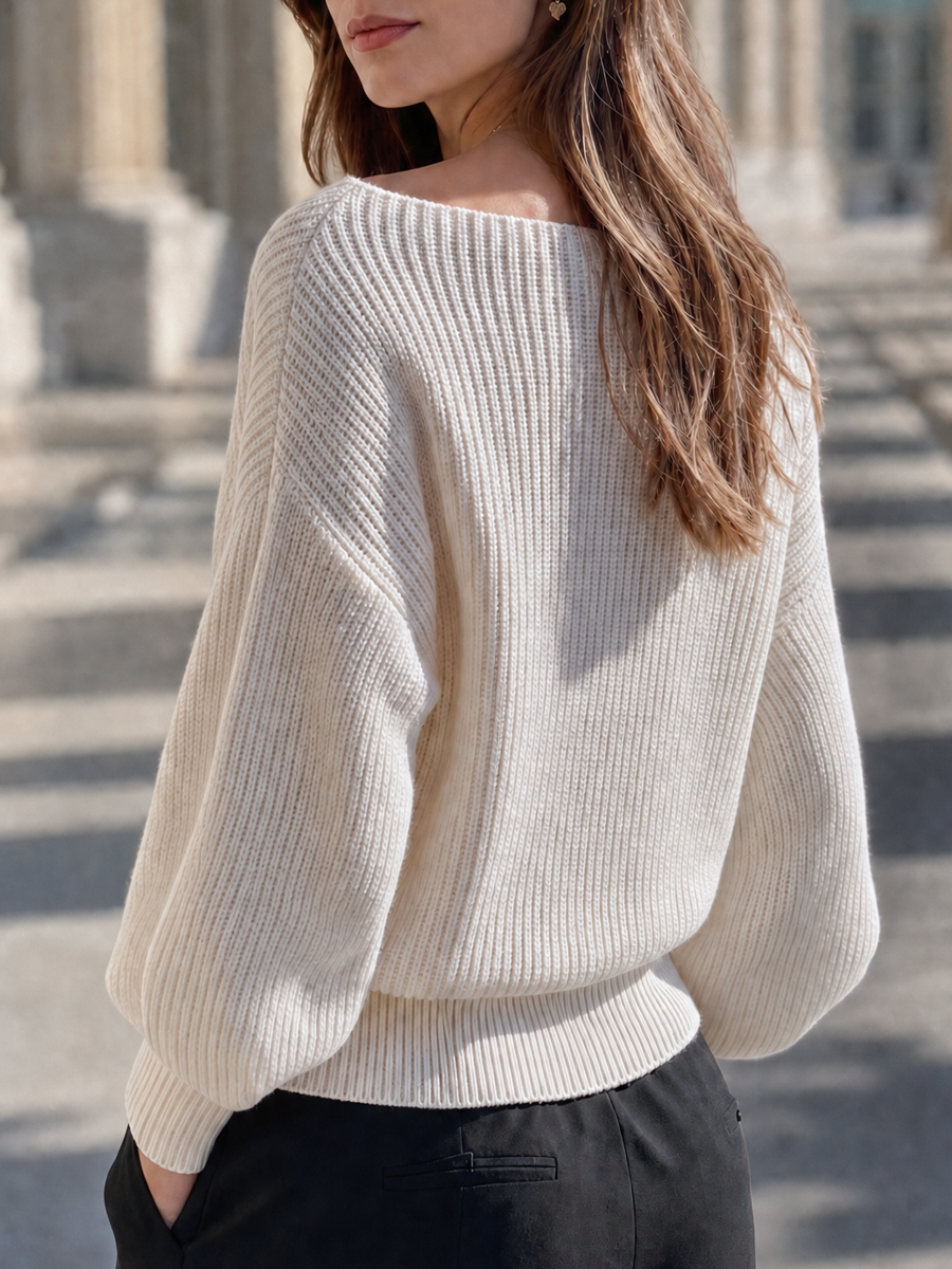 Ribbed Knit Boat Neck Pullover Sweater