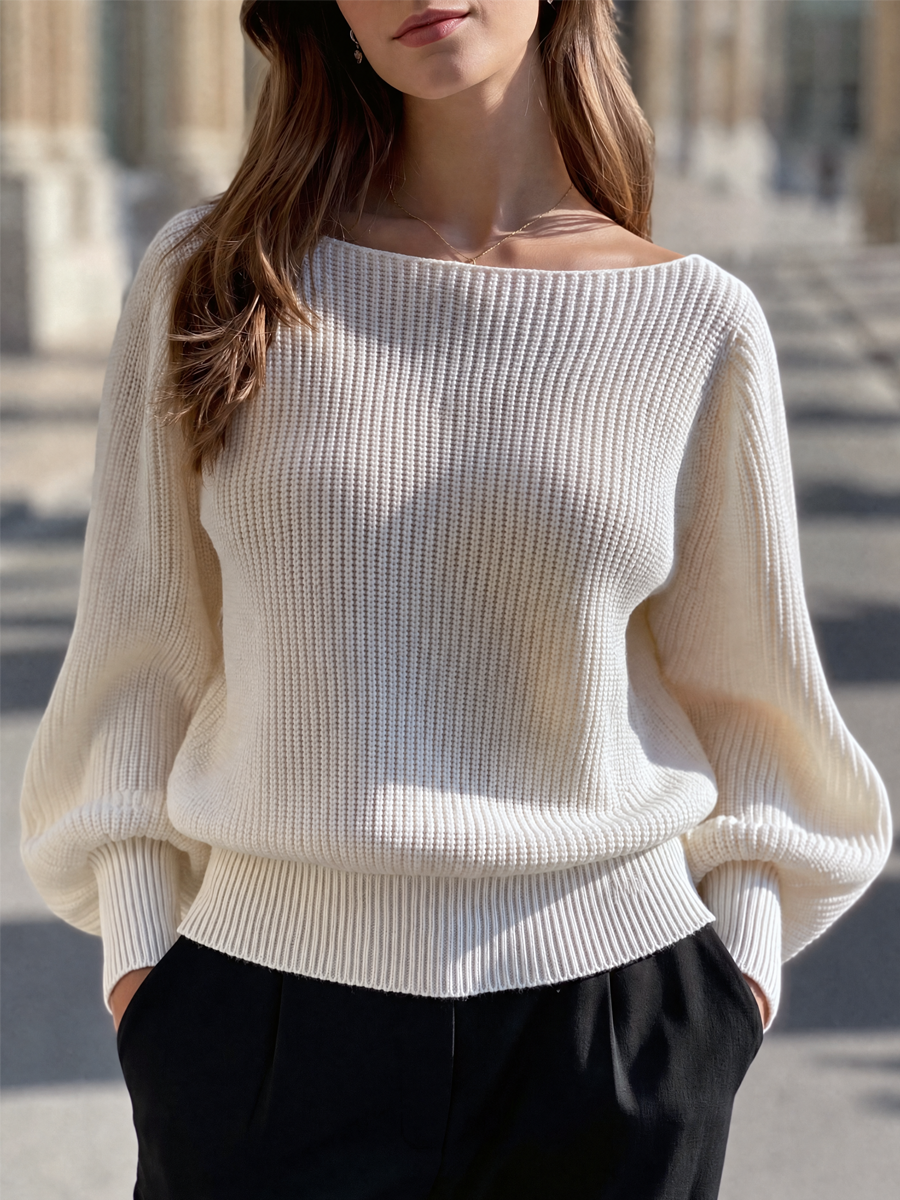 Ribbed Knit Boat Neck Pullover Sweater