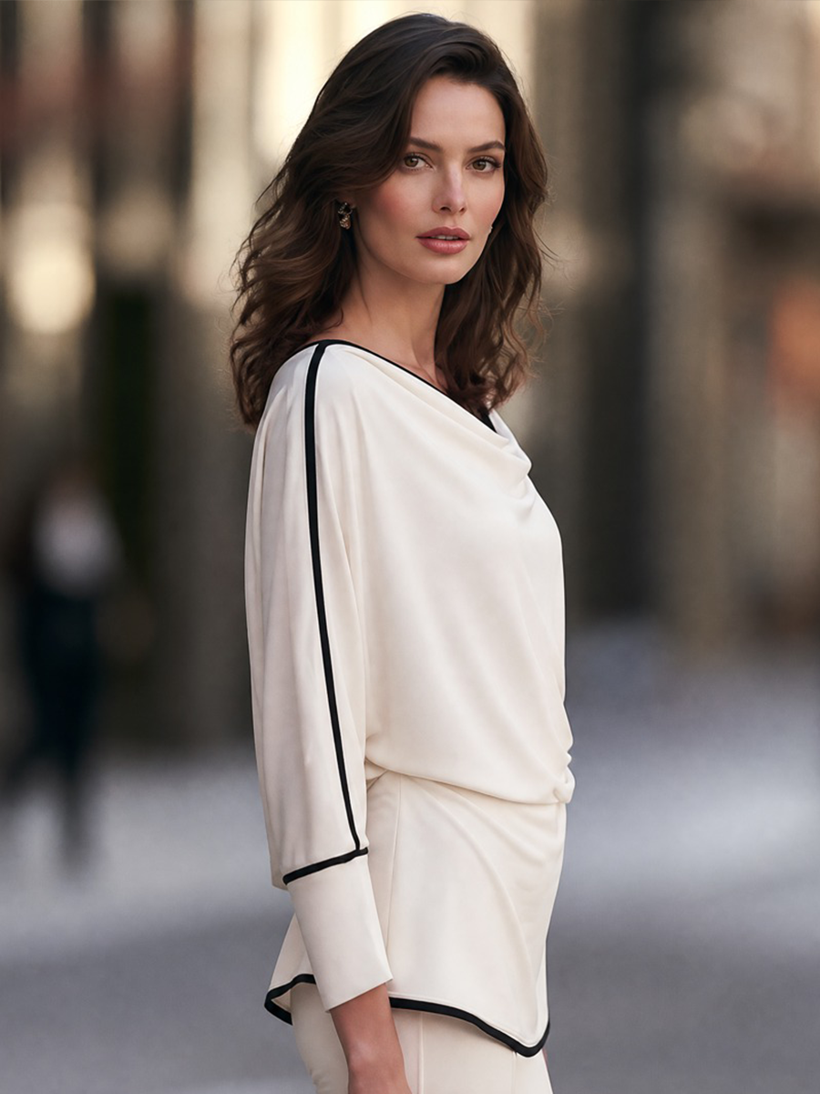 Women's Draped Cowl Neck Contrast Piping Long Sleeve Blouse