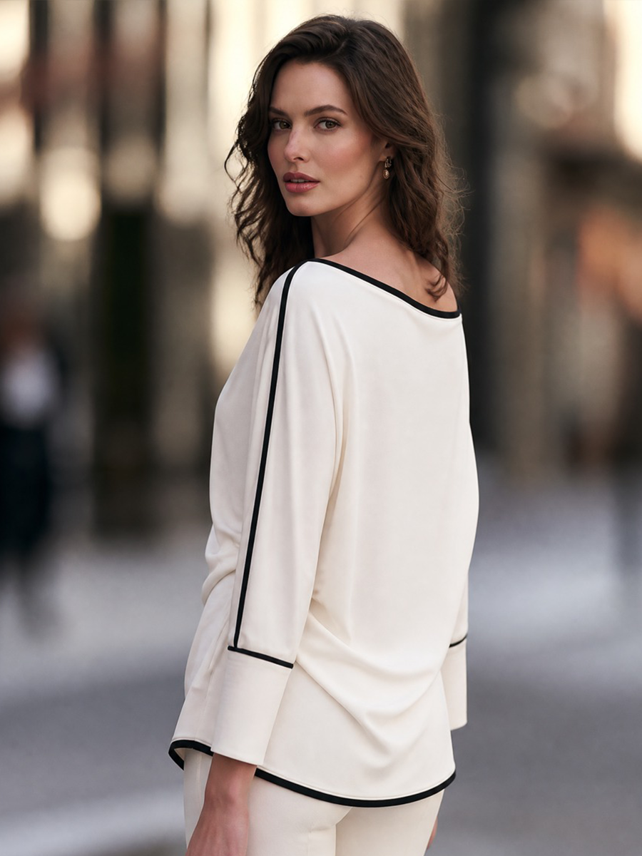 Women's Draped Cowl Neck Contrast Piping Long Sleeve Blouse
