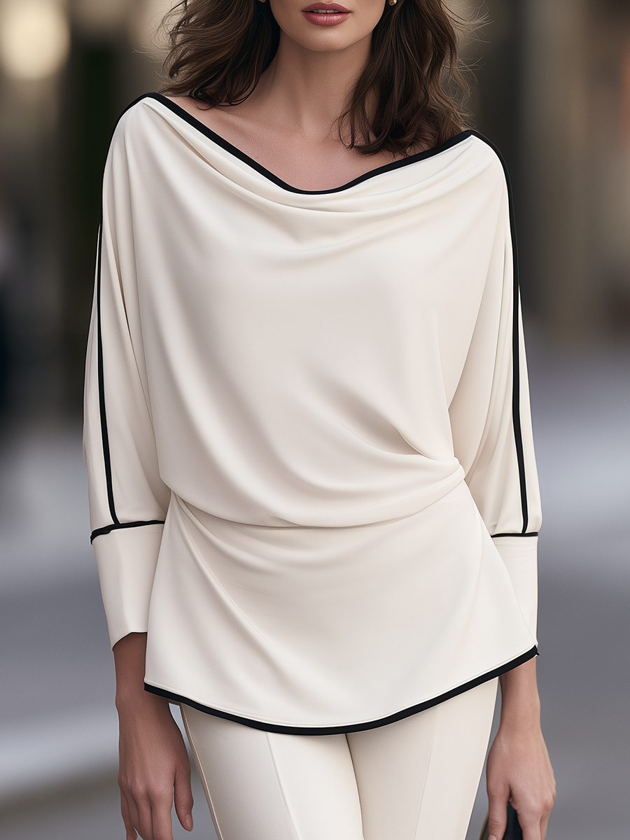 Women's Draped Cowl Neck Contrast Piping Long Sleeve Blouse