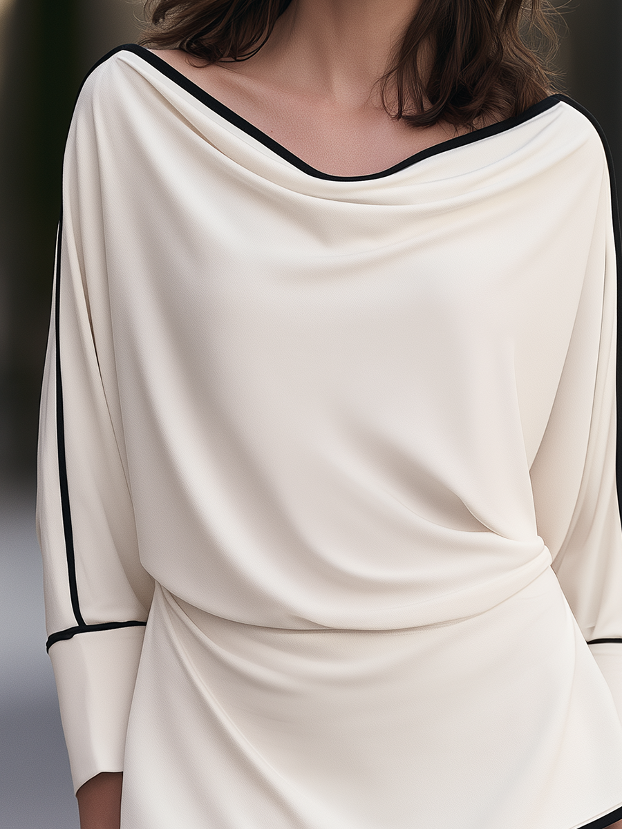 Women's Draped Cowl Neck Contrast Piping Long Sleeve Blouse