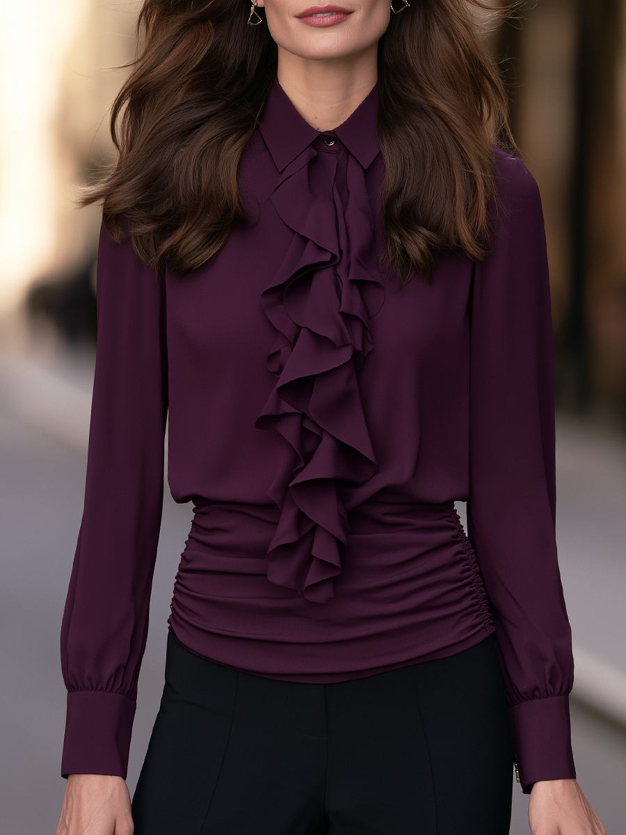 Women's Ruffle Front Long Sleeve Blouse with Ruched Waist