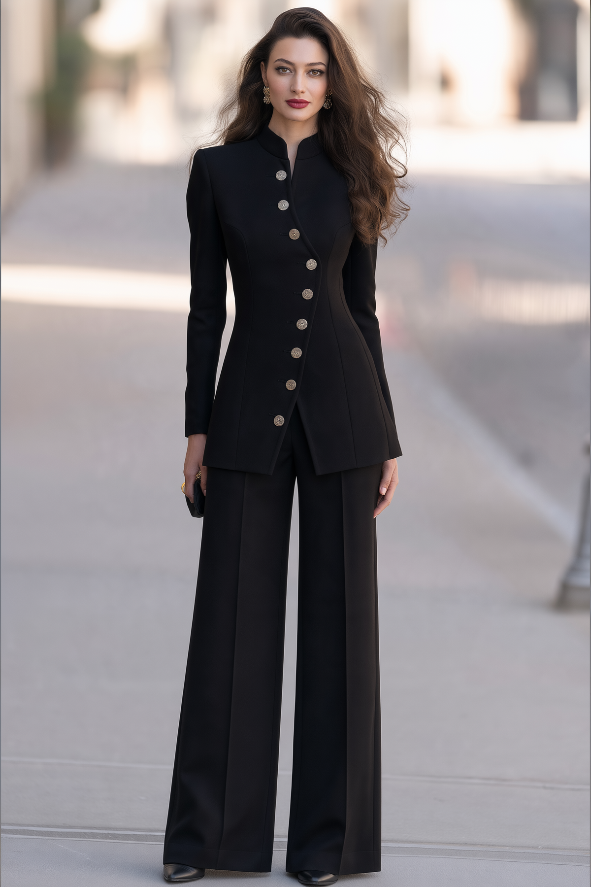 Women's Stand Collar Button-Up Blazer & Wide Leg Pants Two-Piece Suit