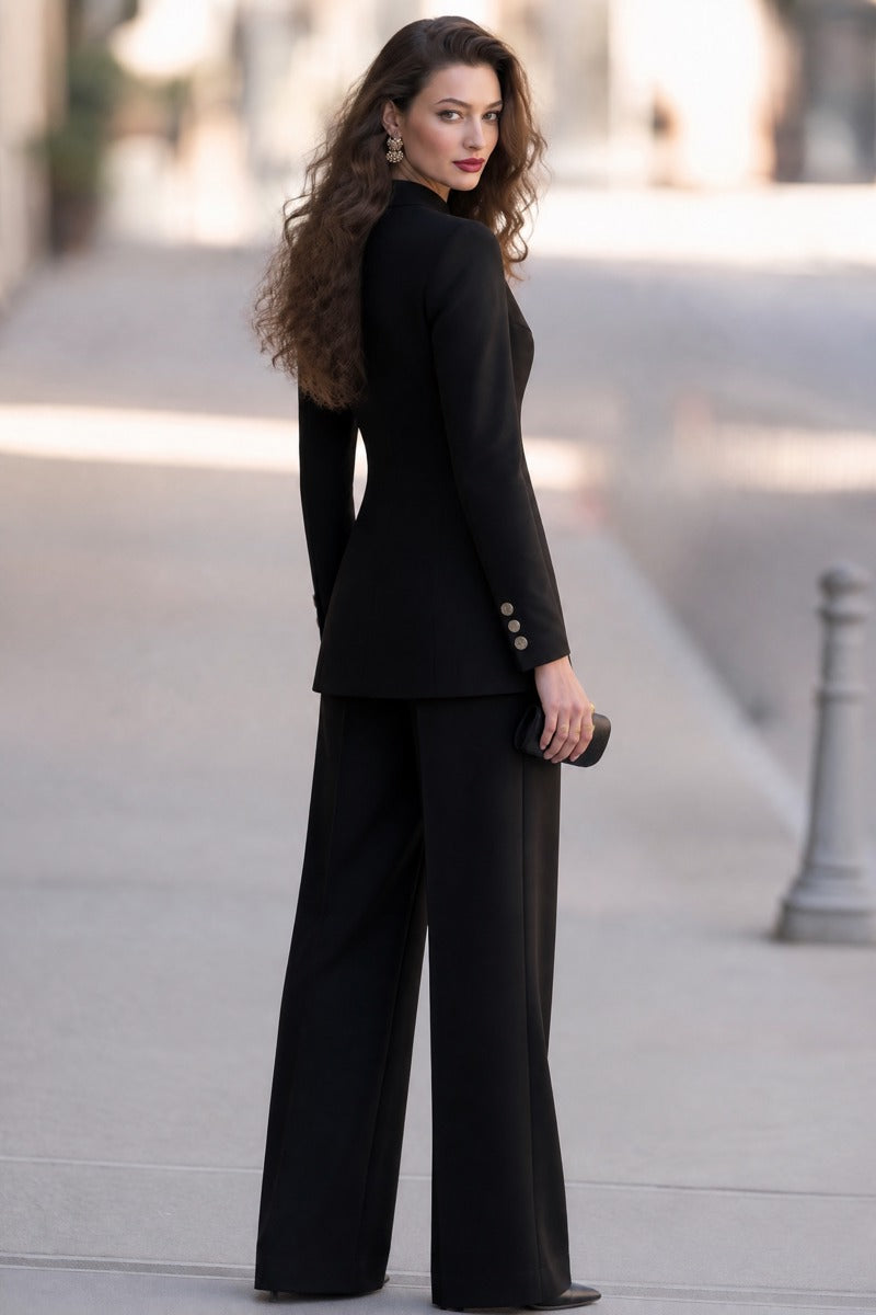 Women's Stand Collar Button-Up Blazer & Wide Leg Pants Two-Piece Suit