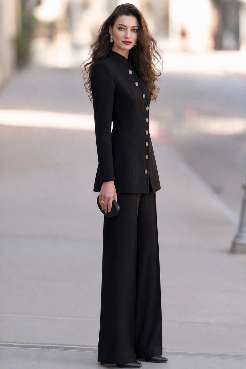 Women's Stand Collar Button-Up Blazer & Wide Leg Pants Two-Piece Suit