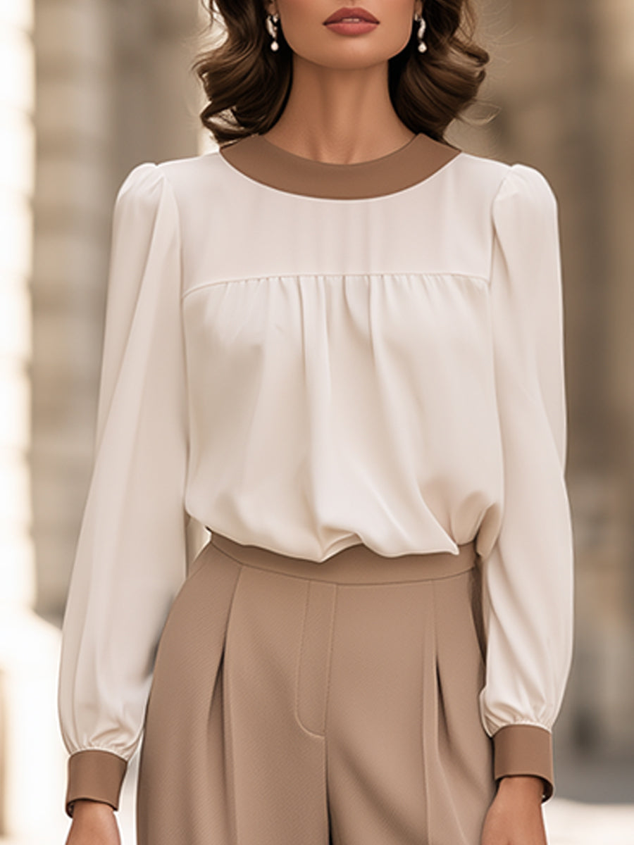 Contrast-Trim Blouse And Wide-Leg Pants Two-Piece Set