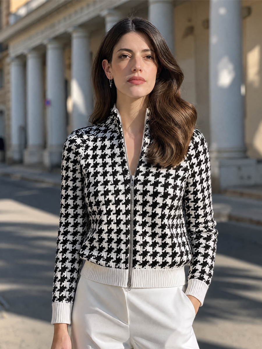Houndstooth Stand Collar Zip-Up Long Sleeve Knit Jacket